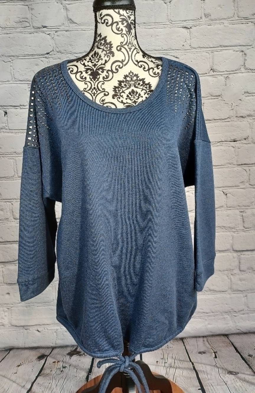 Kate & Mallory women's long sleeve beaded front tie bottom stretch knit top b30